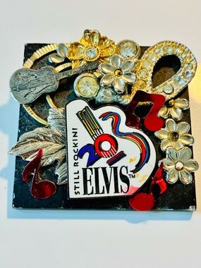 PELVIS Decorative Elvis Guitar Pin with Gold and Red Accents Still Rocking VTG